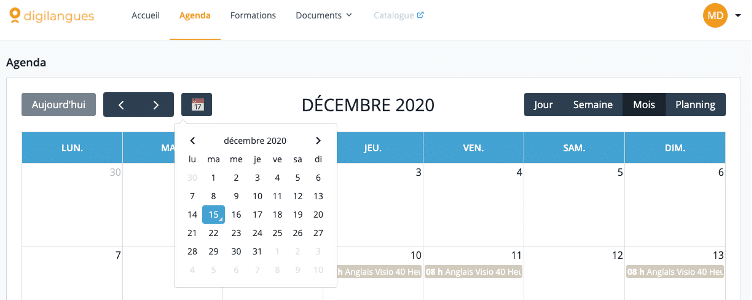 Agenda cours anglais en ligne Digilangues
